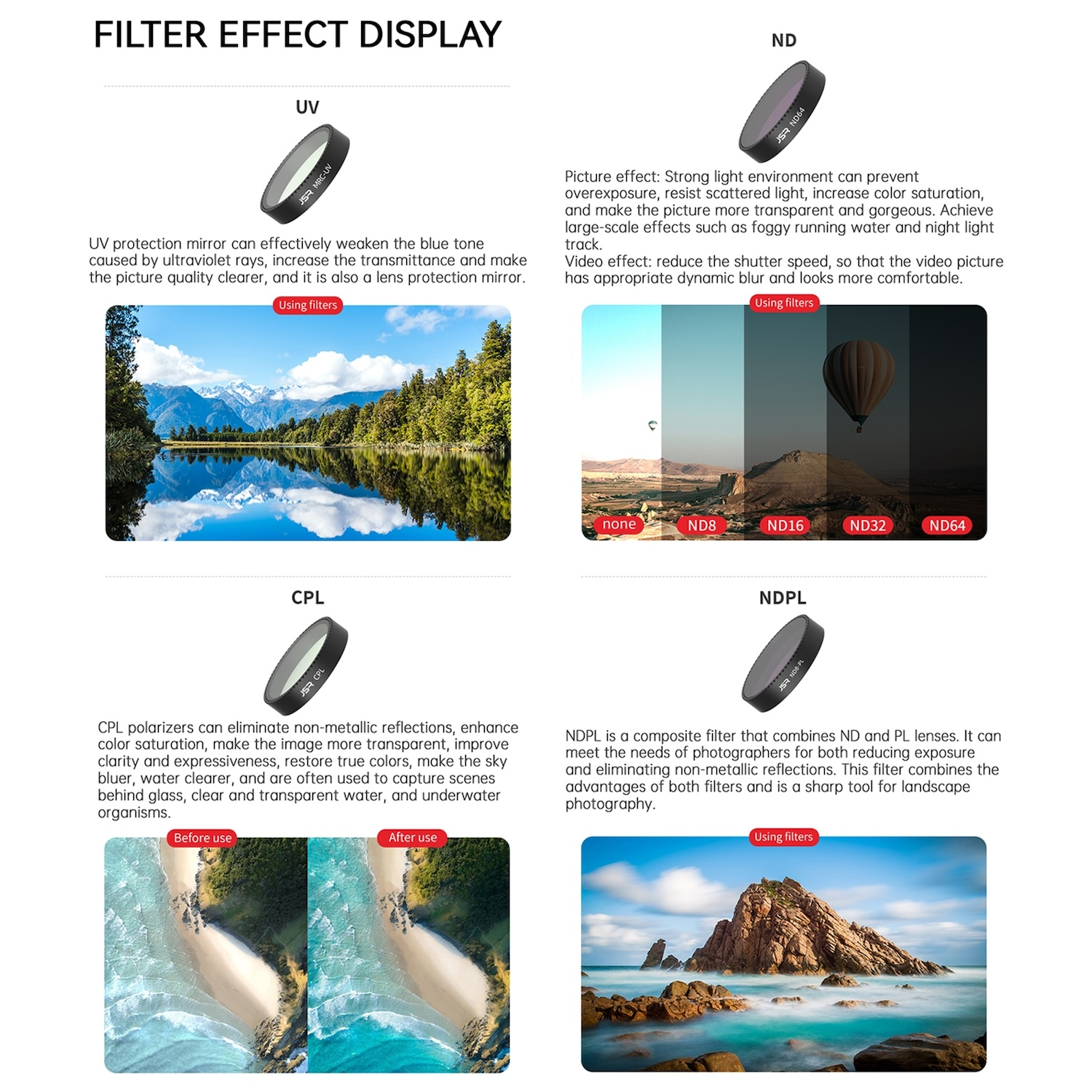 Visualización de efectos de filtro, mostrando ejemplos de filtros UV, CPL, ND y NDPL en diferentes escenas.