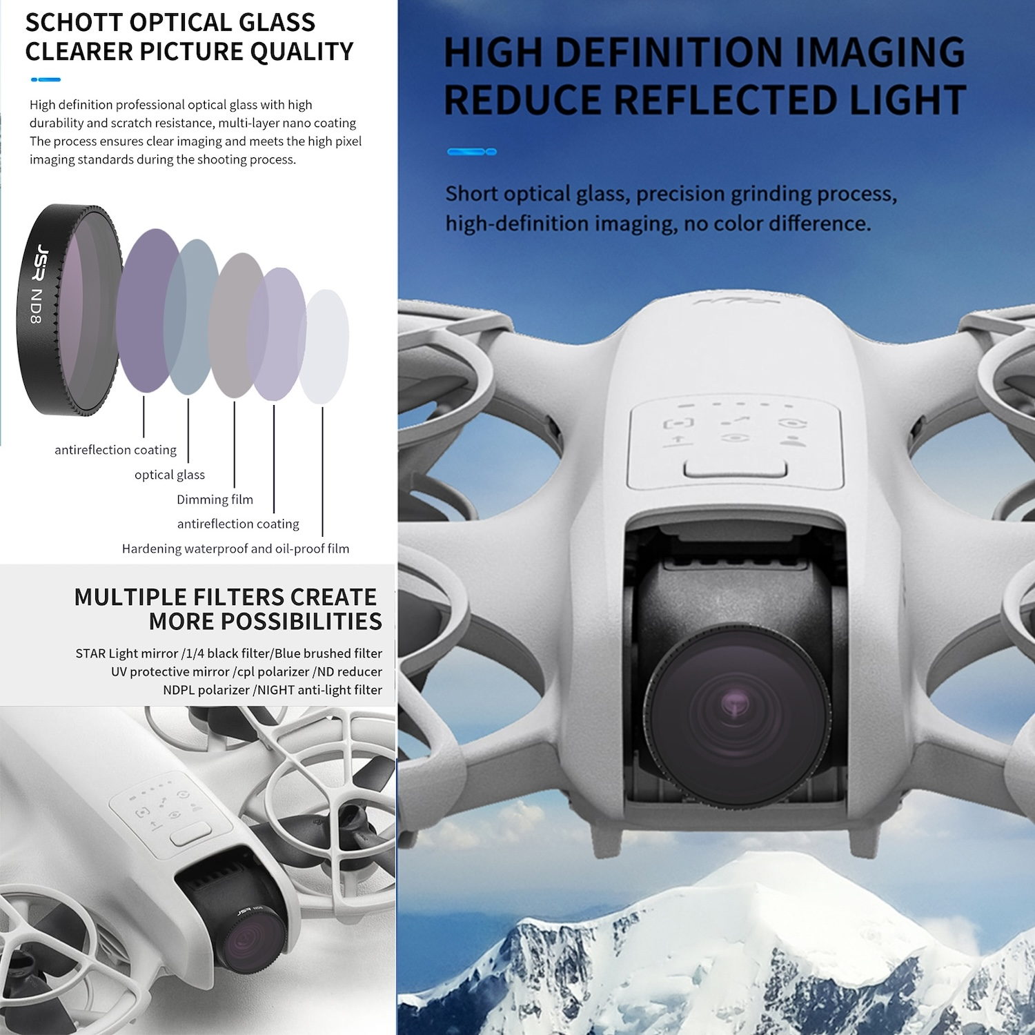 Un dron blanco con cámara. Los accesorios incluyen filtros y un control remoto.