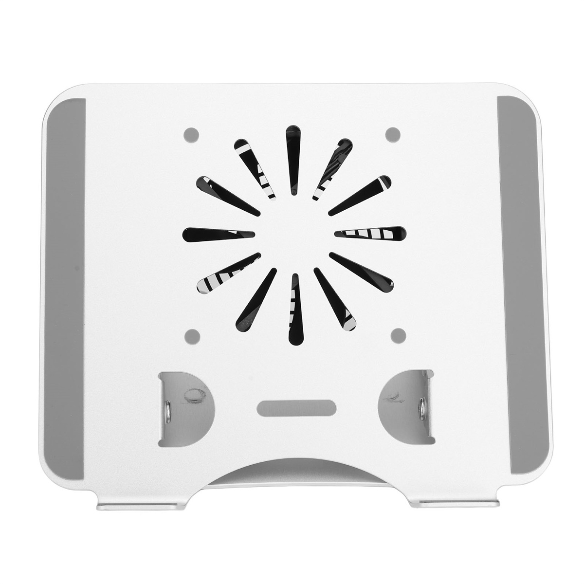 Ein weißer Laptop-Ständer mit fächerförmigem Design in der Mitte.