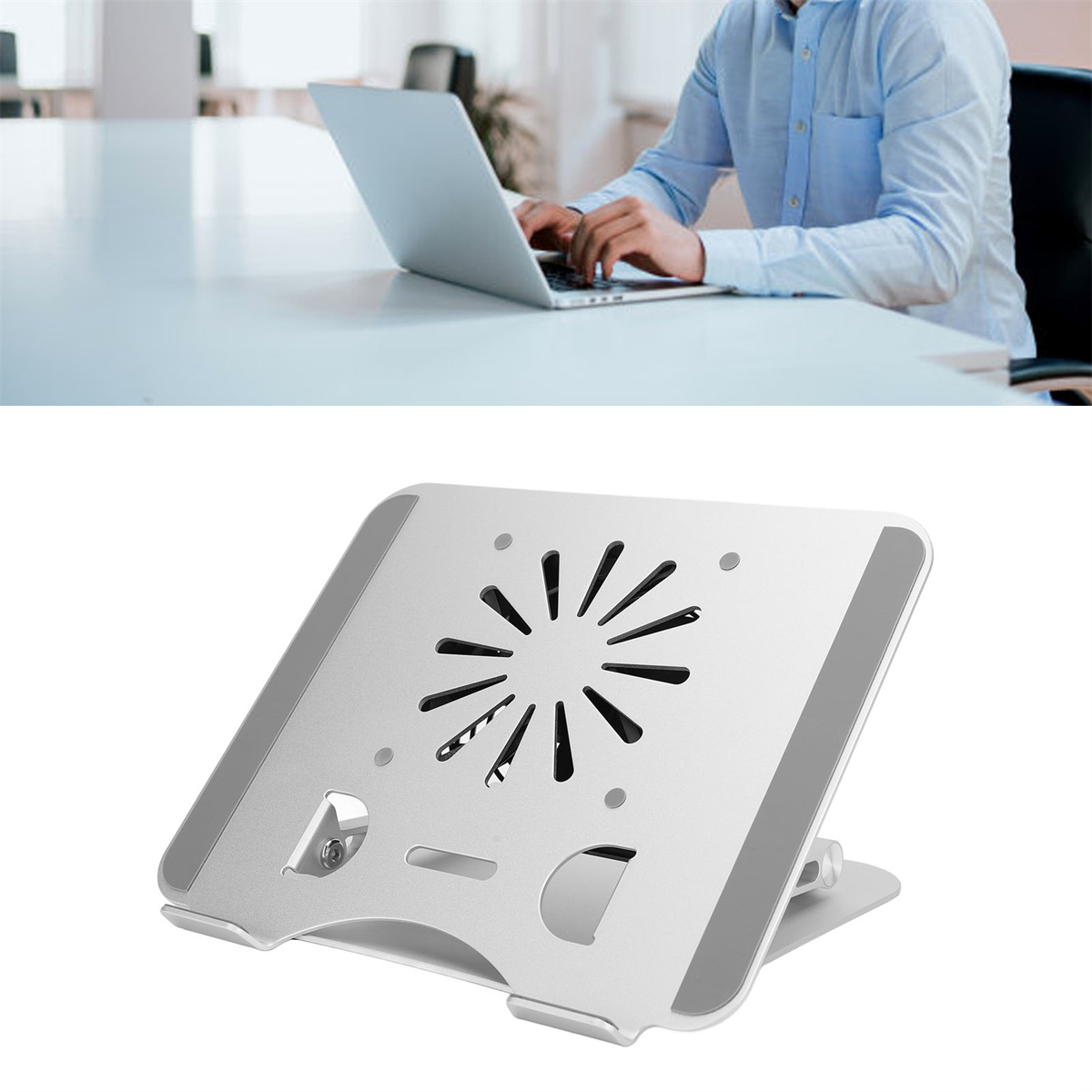 Eine Person, die mit einem Laptop und einem Kühlpad arbeitet. Unteres Bild des Pads.