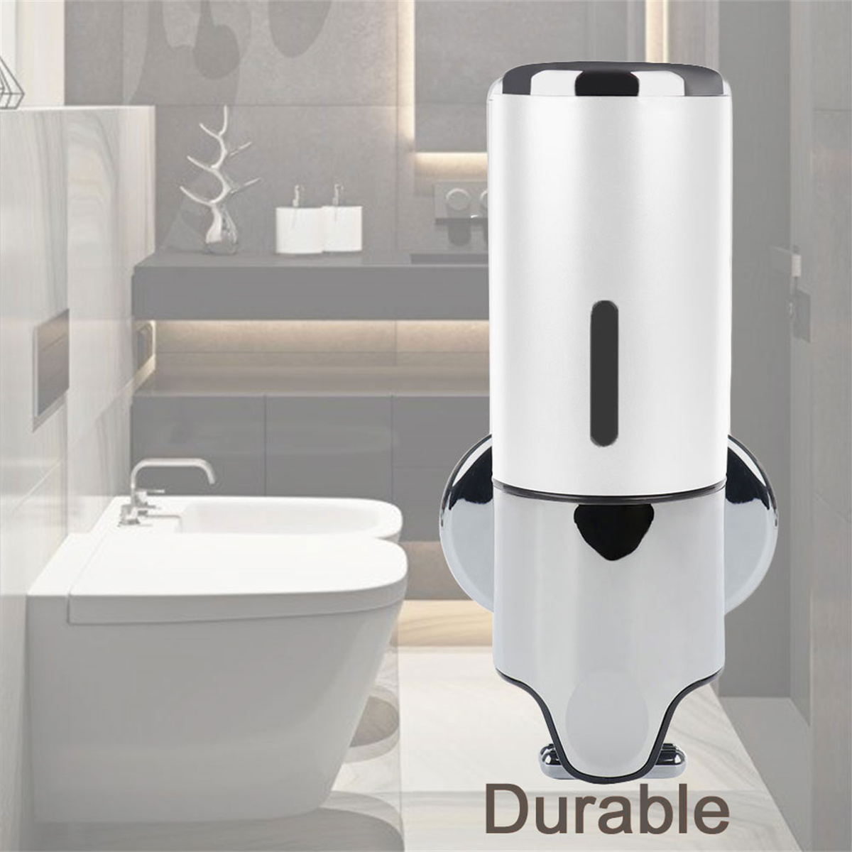 Wandmontierter, chrom-weißer automatischer Seifenspender in modernem Badezimmer.