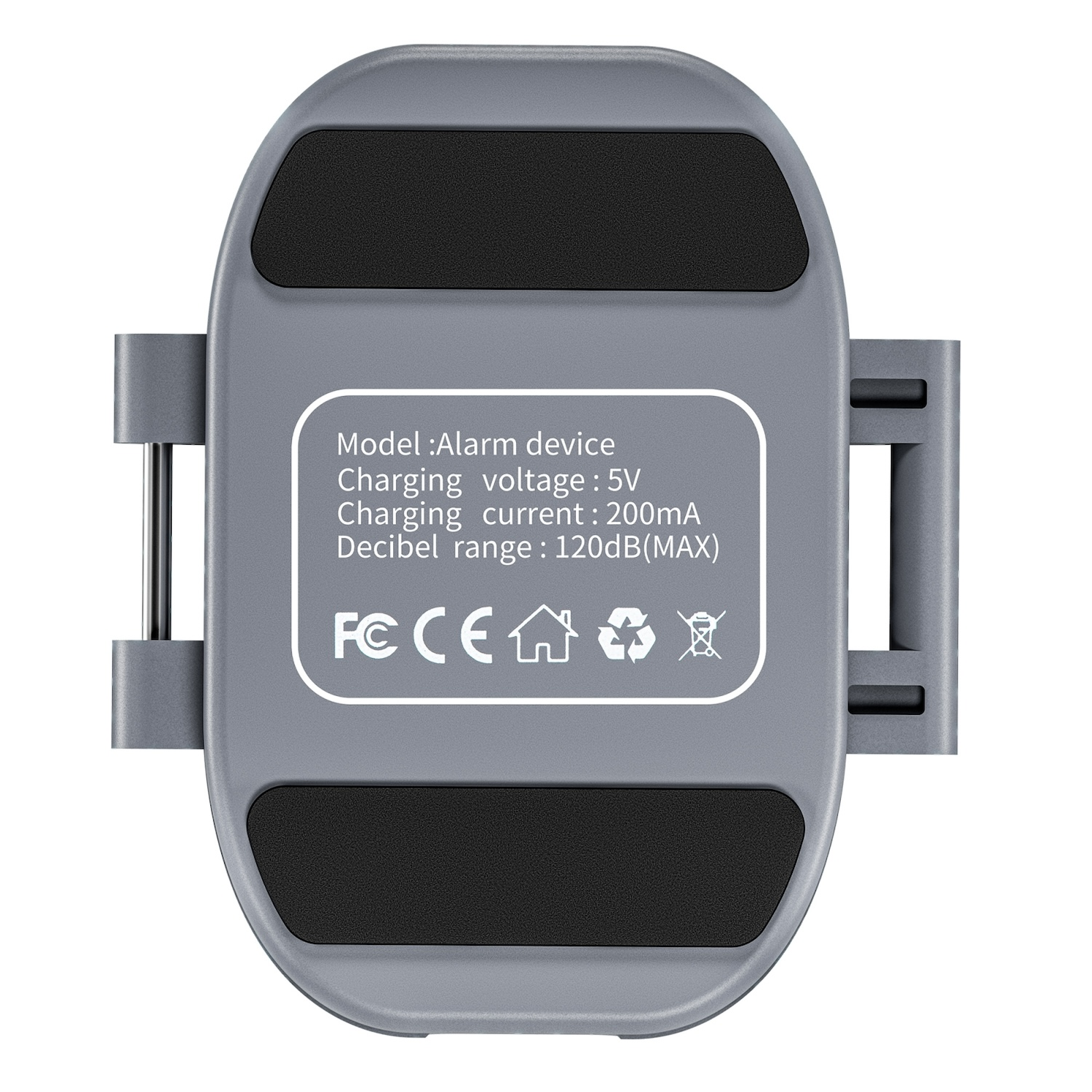Graues Gerät mit schwarzen Pads und Ladeinfo: 5V, 200mA und 120dB(MAX).