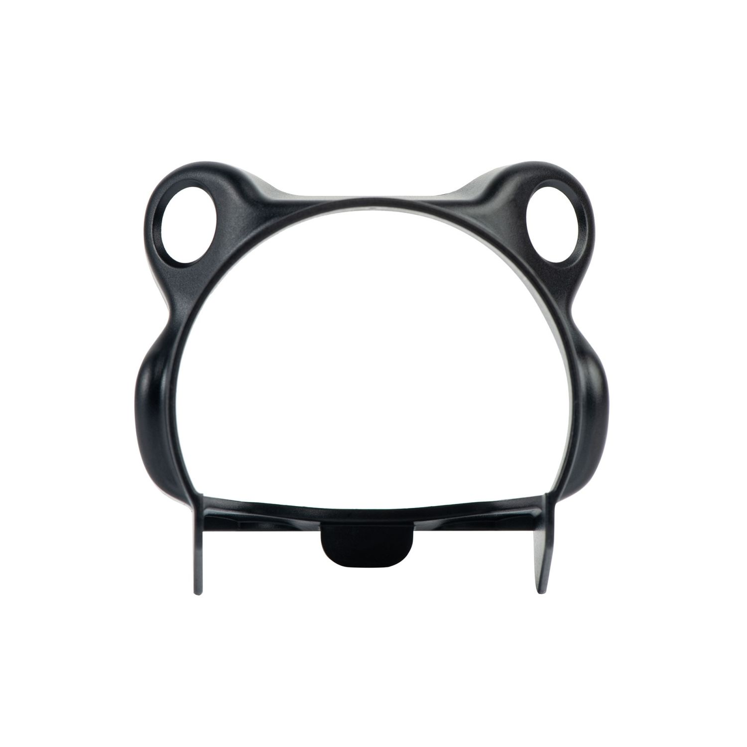 Ein schwarzer Kunststoffrahmen für ein VR-Headset mit zwei Augenlöchern und Nasensteg.