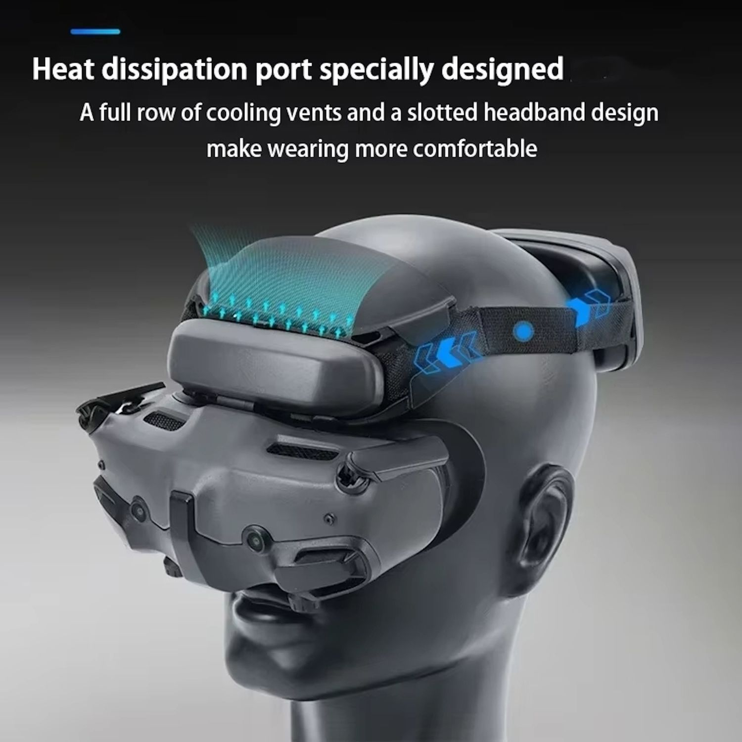 Ein VR-Headset auf einem Schaufensterkopf. Text weist auf Kühl- und Komfortmerkmale hin.