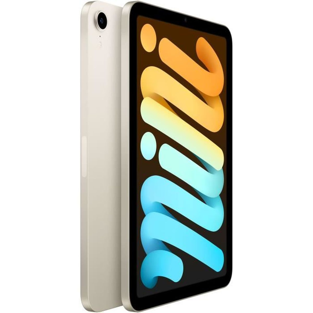 Een gouden iPad Mini in portretmodus. De achterkant toont de camera. Het scherm toont een kleurrijk design.