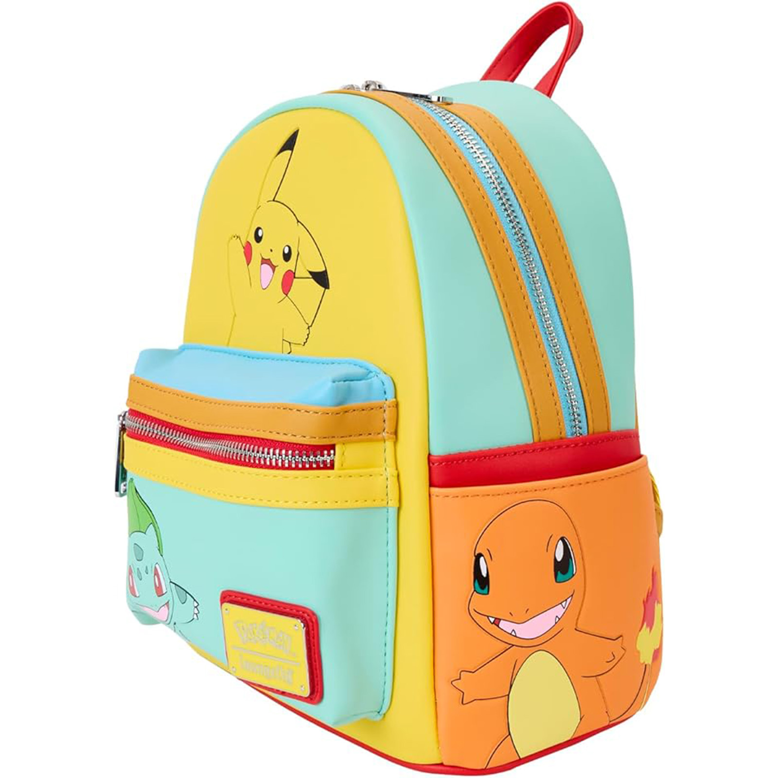 Ein bunter Rucksack mit den Pokémon-Charakteren Pikachu, Bisasam und Glumanda.