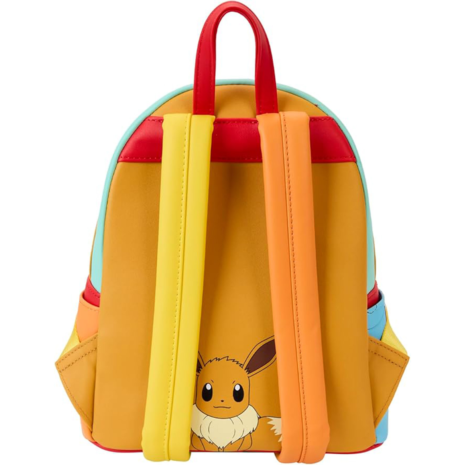 Rucksack mit Evoli, gelben, orangefarbenen und blauen Details, rotem Griff und Trägern.