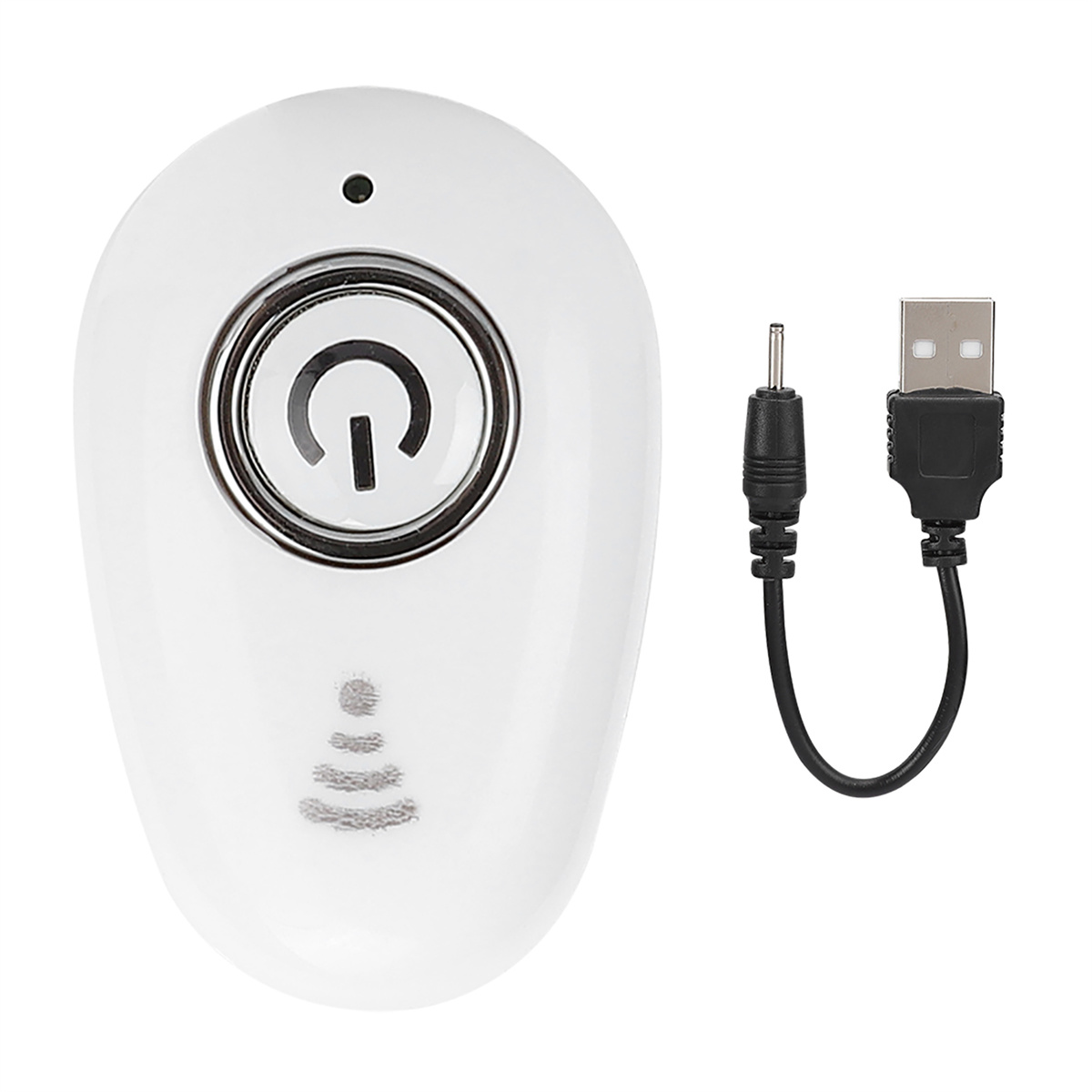 Weißes Gerät mit Ein-/Aus-Taste und Ladekabel. USB- und DC-Eingang. Isoliert auf Weiß.