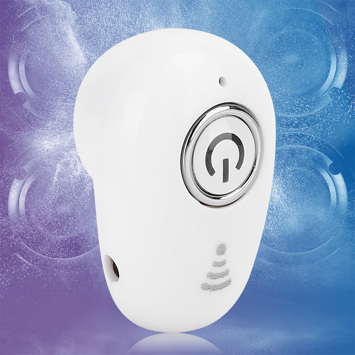 Ein weißer Bluetooth-Ohrhörer mit Ein-/Aus-Taste und Kontrollleuchten.