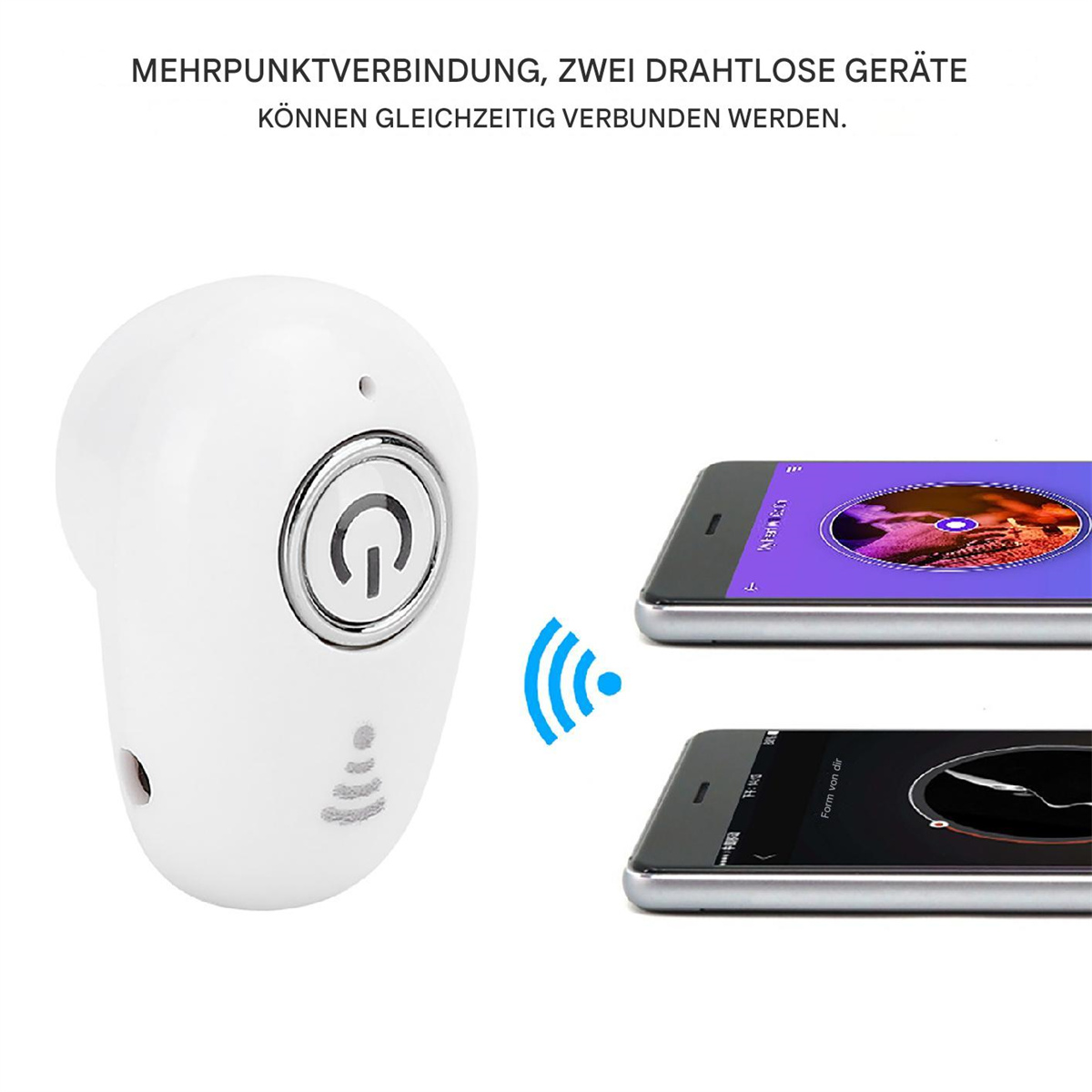 Ein weißer kabelloser Ohrhörer neben zwei Smartphones, mit Verbindungs-Icon.