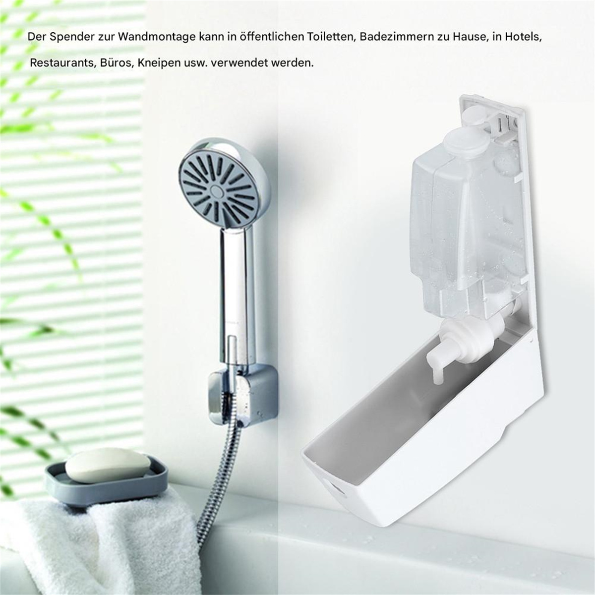 Ein Seifenspender und Duschkopf an einer Wand im Badezimmer.