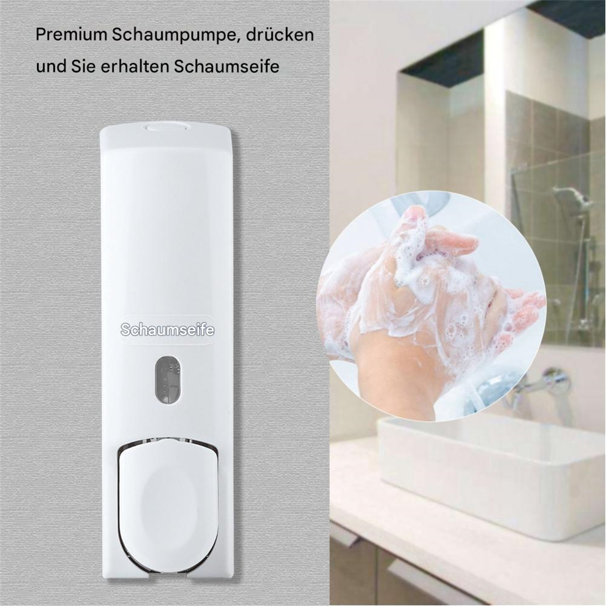 Ein weißer Seifenspender mit den Händen einer Person mit Seife im Hintergrund.