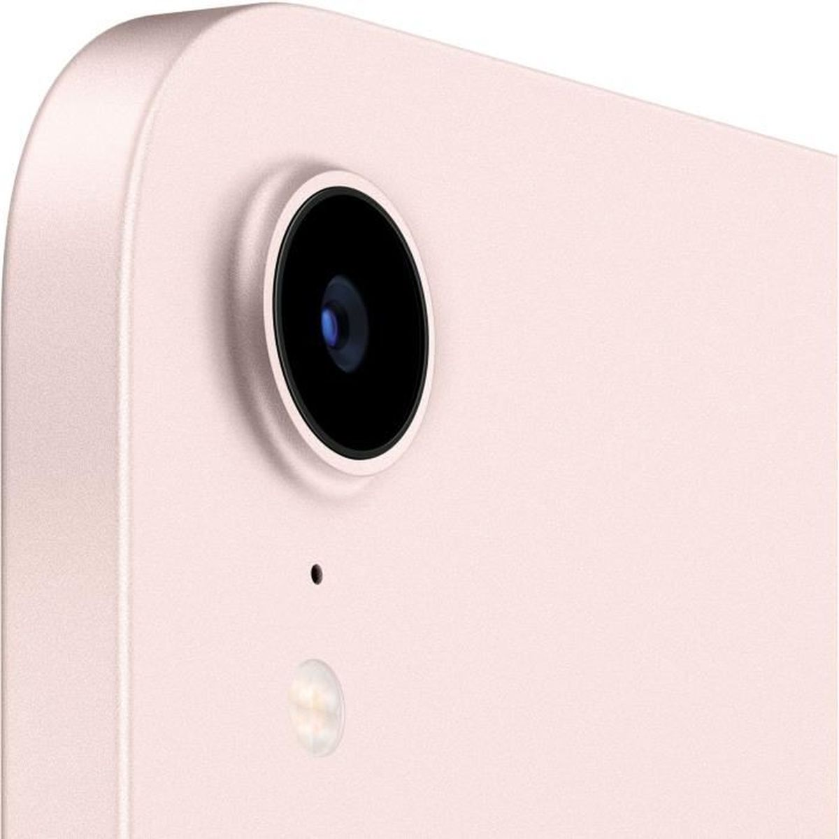 Close-up van een roze tablet cameralens. Zwarte lens met een kleine flitser en een kleinere stip ernaast.