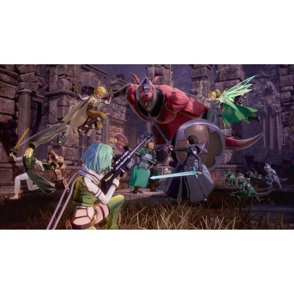 Videospielszenen mit mehreren Charakteren, die gegen ein rotes Monster kämpfen, mit Schwertern.