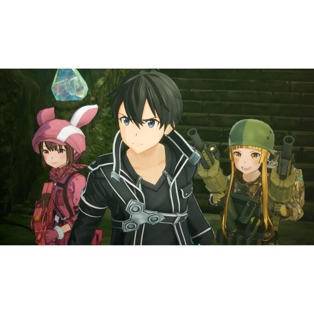 Drei Anime-Charaktere in einem Videospiel, zwei mit Waffen. Ein Charakter trägt Hasenohren.