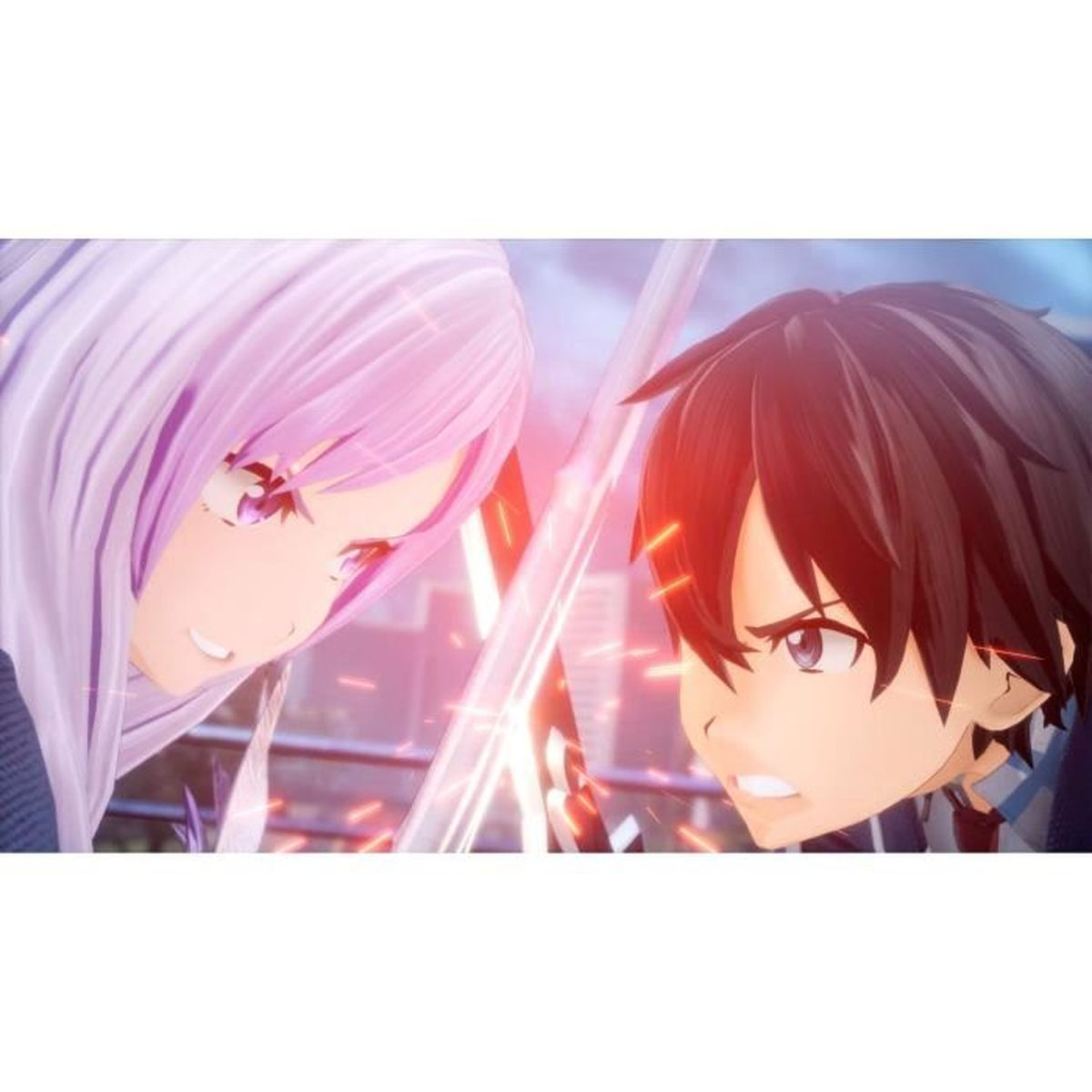 Zwei Anime-Charaktere stehen sich mit Schwertern gegenüber. Intensive Gesichtsausdrücke und Funken.