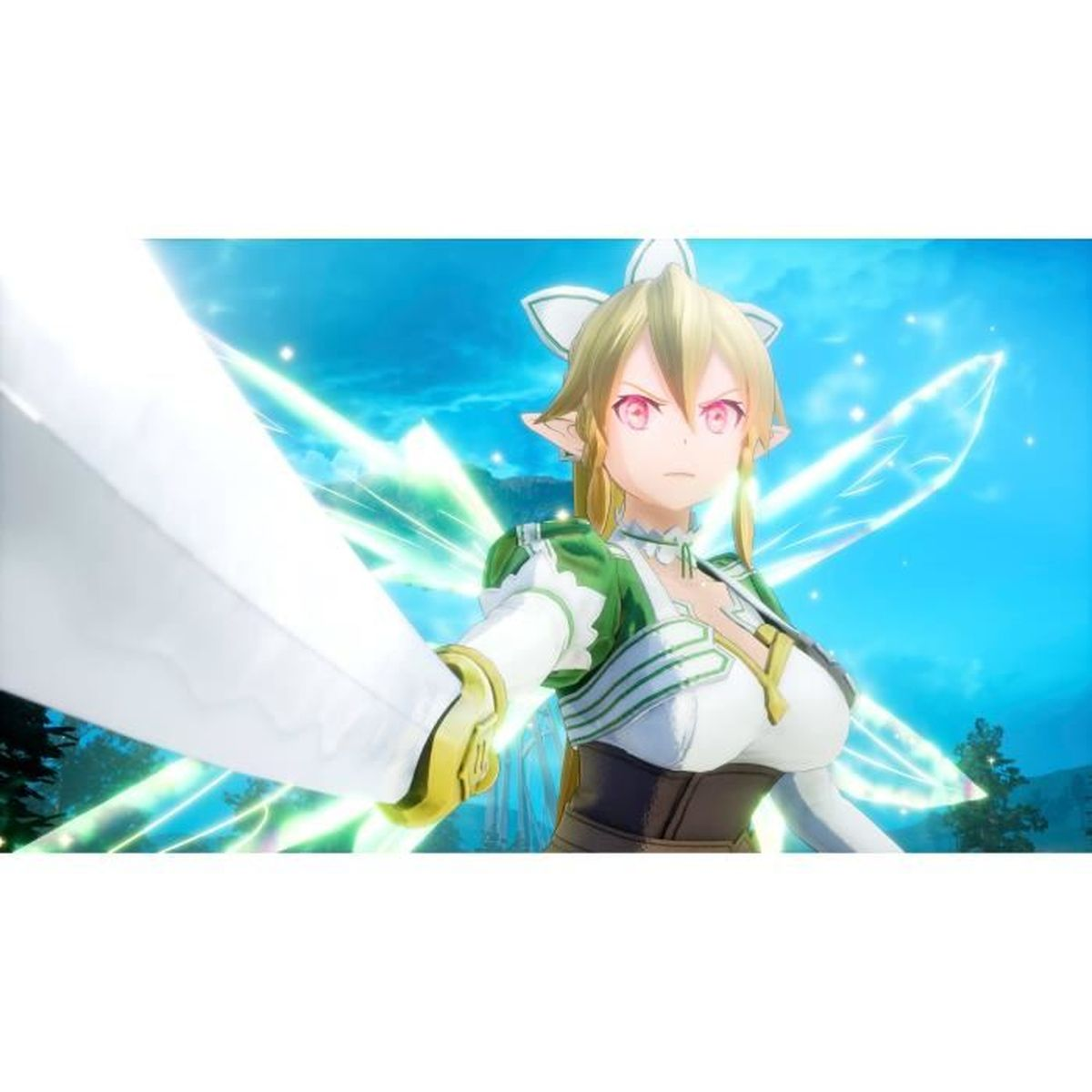 Anime-Mädchen mit Schwert und Feenflügeln, in einer Fantasy-Umgebung.