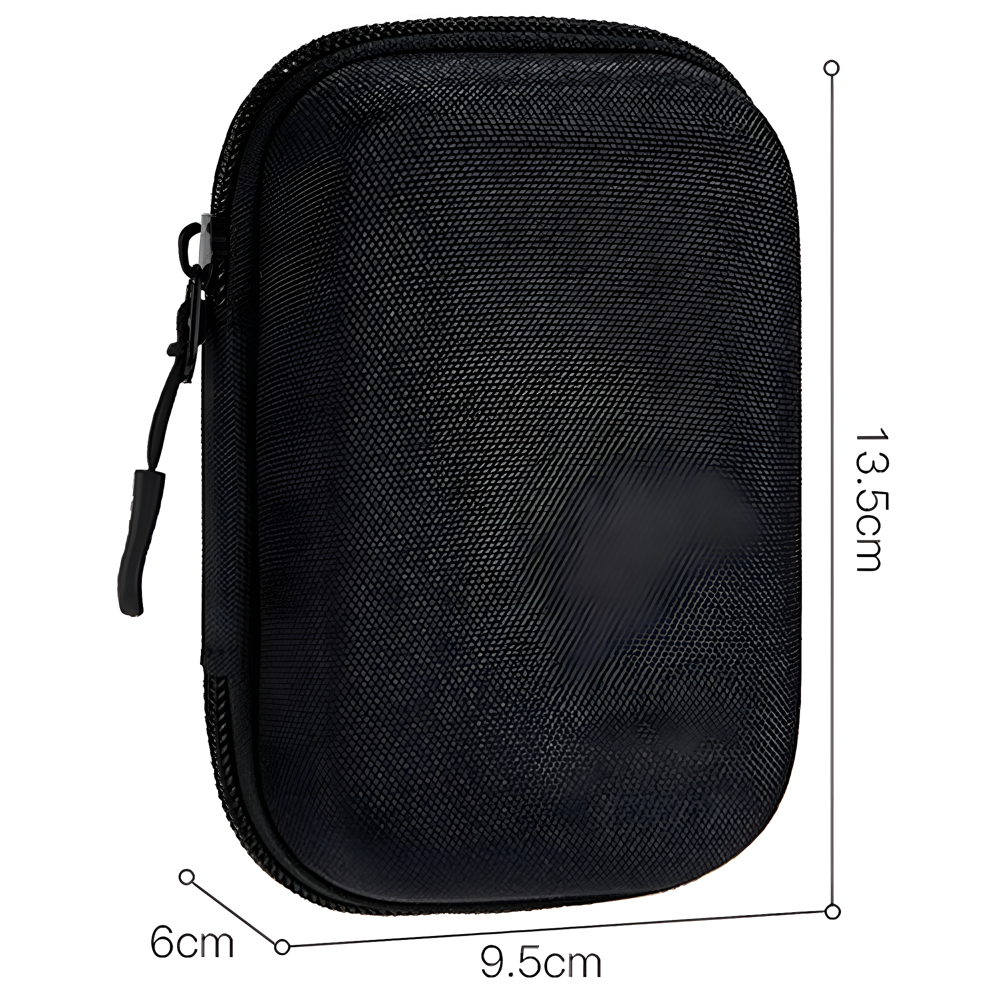 Eine schwarze, rechteckige Tasche mit Reißverschluss und den Maßen 13,5 cm Höhe, 9,5 cm Breite und 6 cm Tiefe.