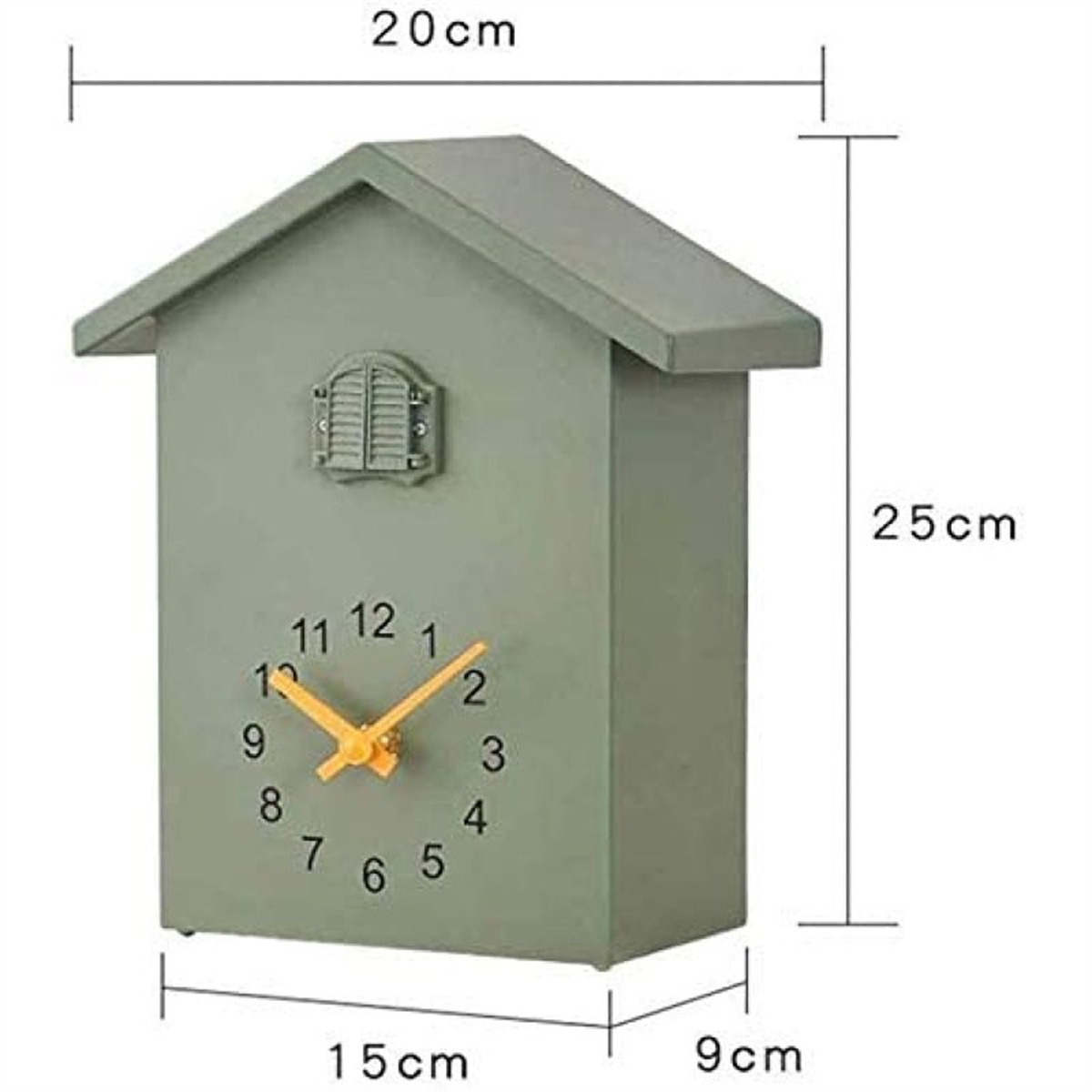 Eine grüne Vogelhaus-Uhr mit Zahlen und Zeigern; Maße sind 20x25x15x9cm.