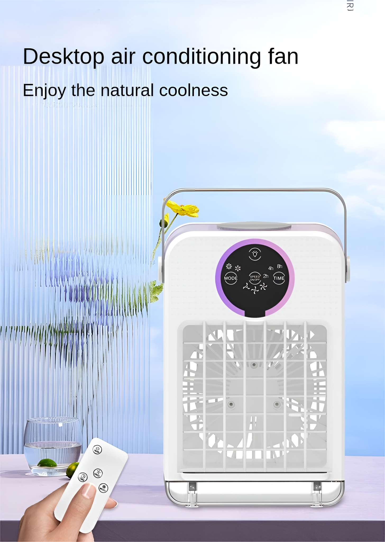 Weißer und lila Desktop-Klimaanlagenventilator. Der Text sagt, genießen Sie die natürliche Kühle.