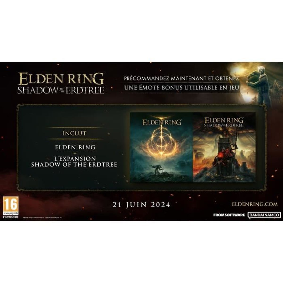 Scatola del gioco Elden Ring, con testo e immagini, su sfondo scuro.