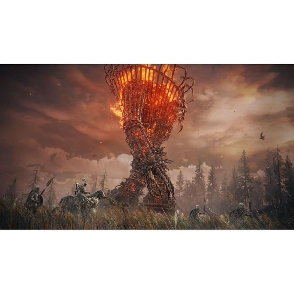 Scena del gioco Elden Ring con una struttura infuocata e figure in un campo.