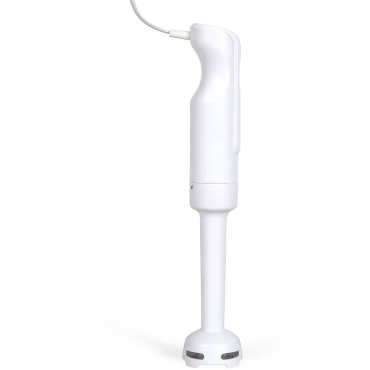Un frullatore a immersione bianco con un cavo, posizionato su uno sfondo bianco.