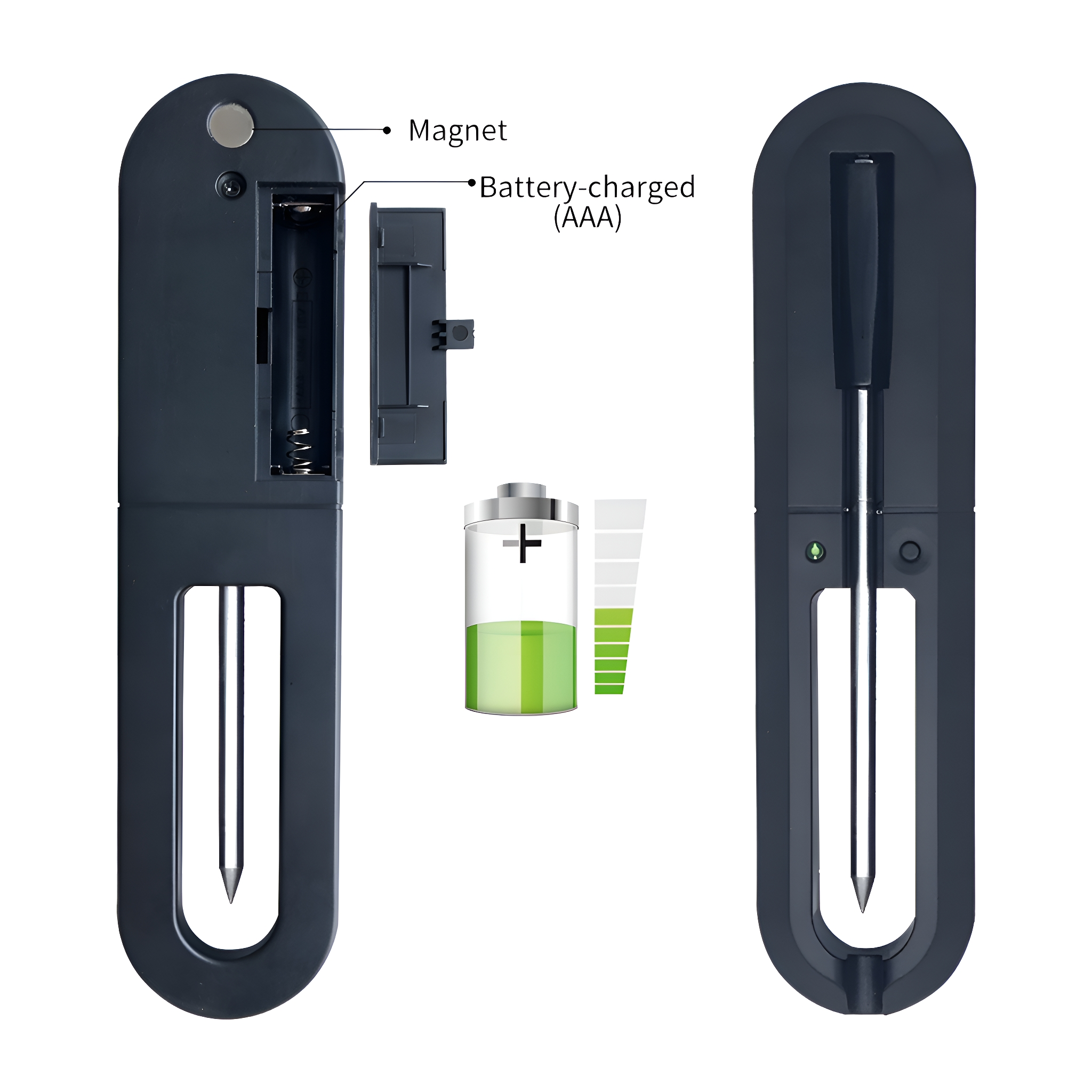 Zwei dunkelgraue Fleischthermometer mit Batterie- und Batteriestandsillustration.