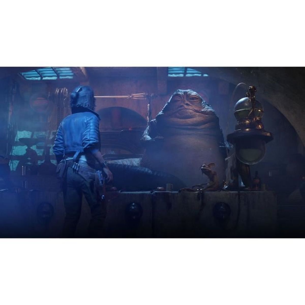 Una scena di Star Wars con Jabba the Hutt e un personaggio.