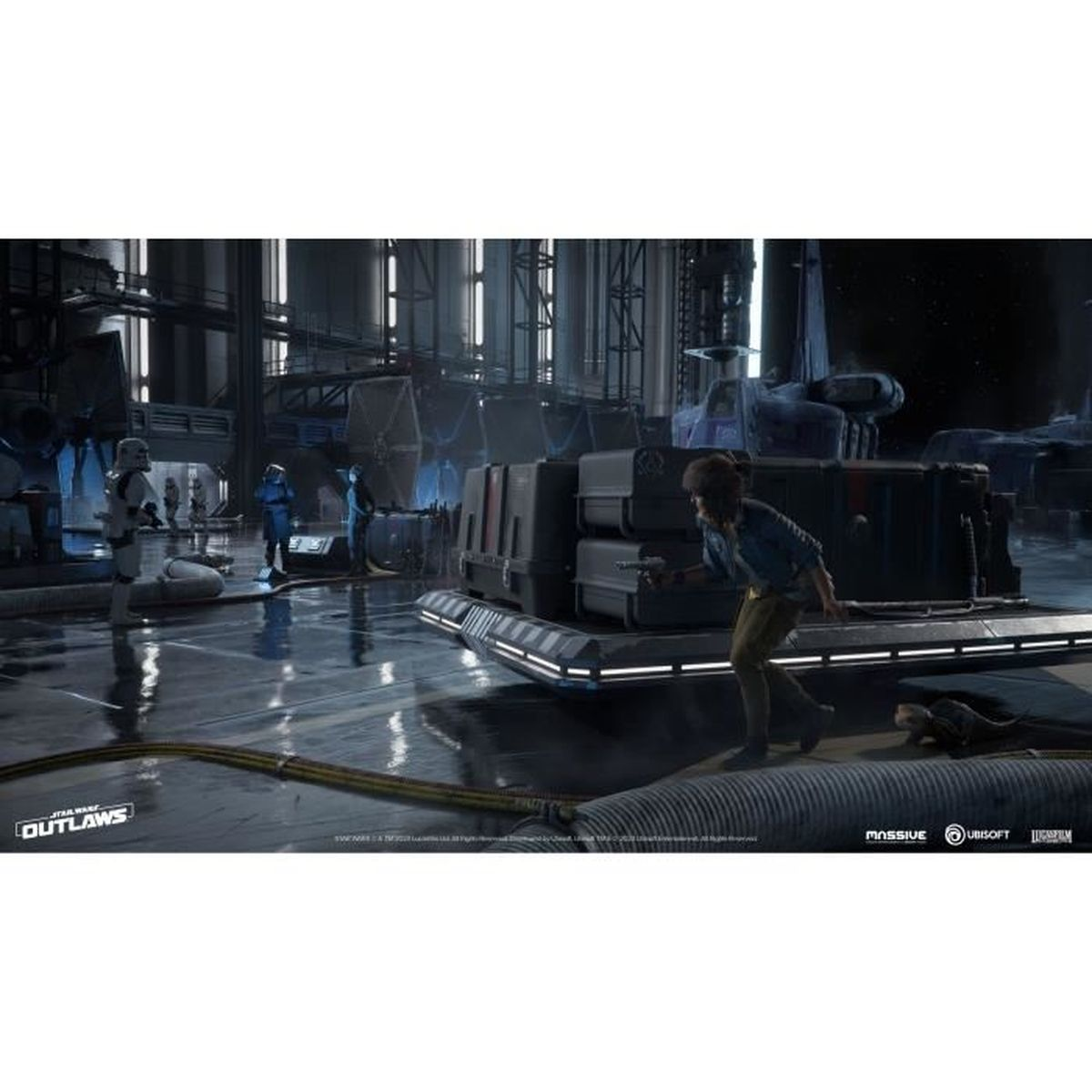 Una scena di Star Wars: Outlaws, con personaggi in un'ambientazione futuristica e un'astronave sullo sfondo.