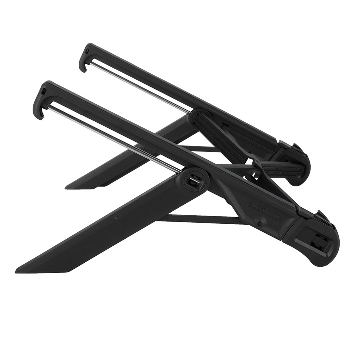 Schwarzer Laptopständer, verstellbar, gefaltet. Silberne Stangen. Weißer Hintergrund.