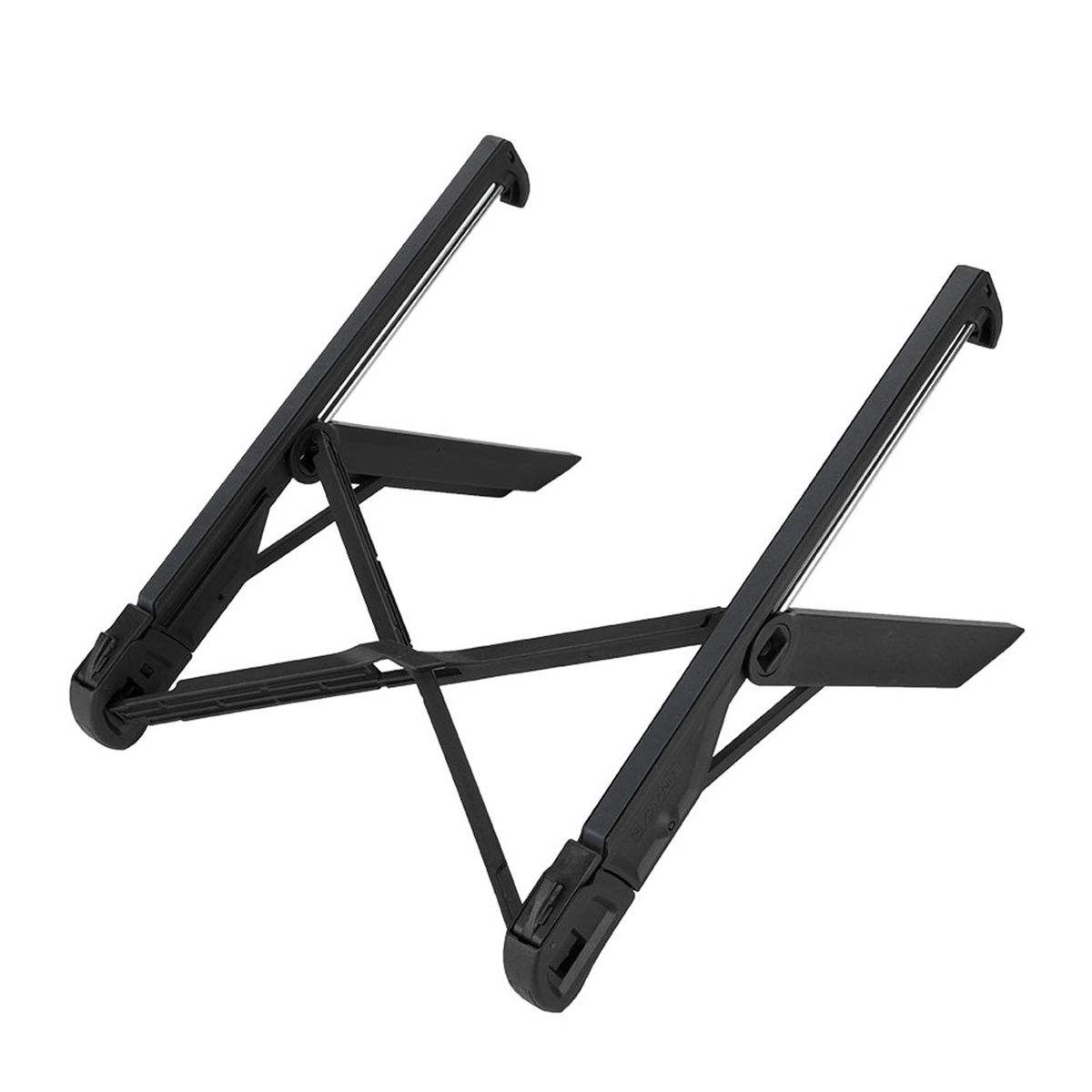 Schwarzer Laptop-Ständer, gefaltet. Er hat zwei abgewinkelte Stützen und eine Querstrebenstruktur. Auf Weiß.