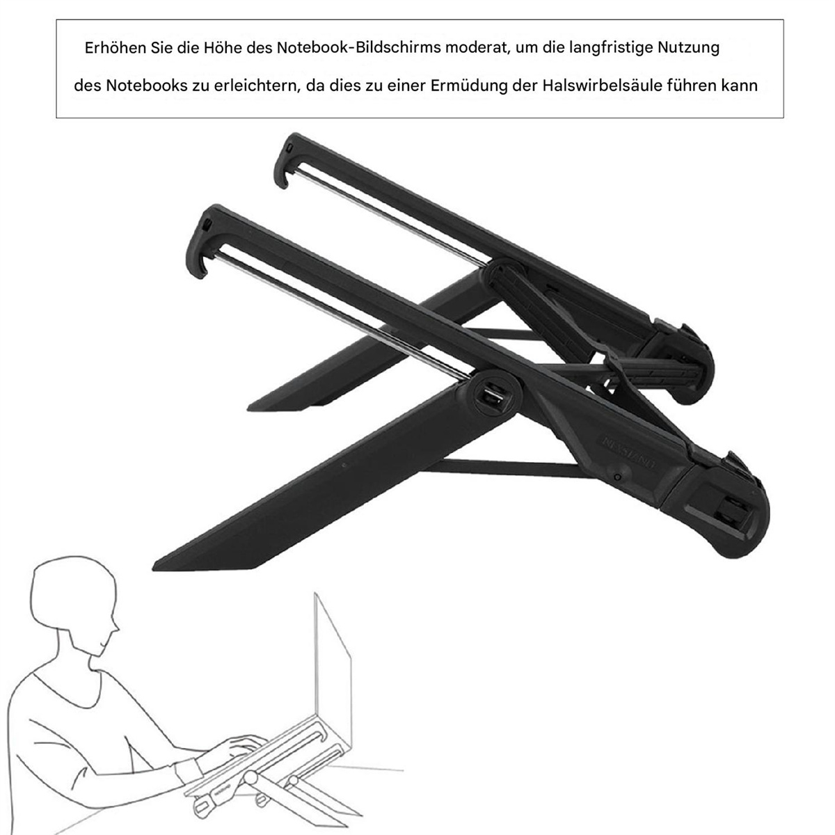 Laptopständer mit einer Person, die einen Laptop benutzt.