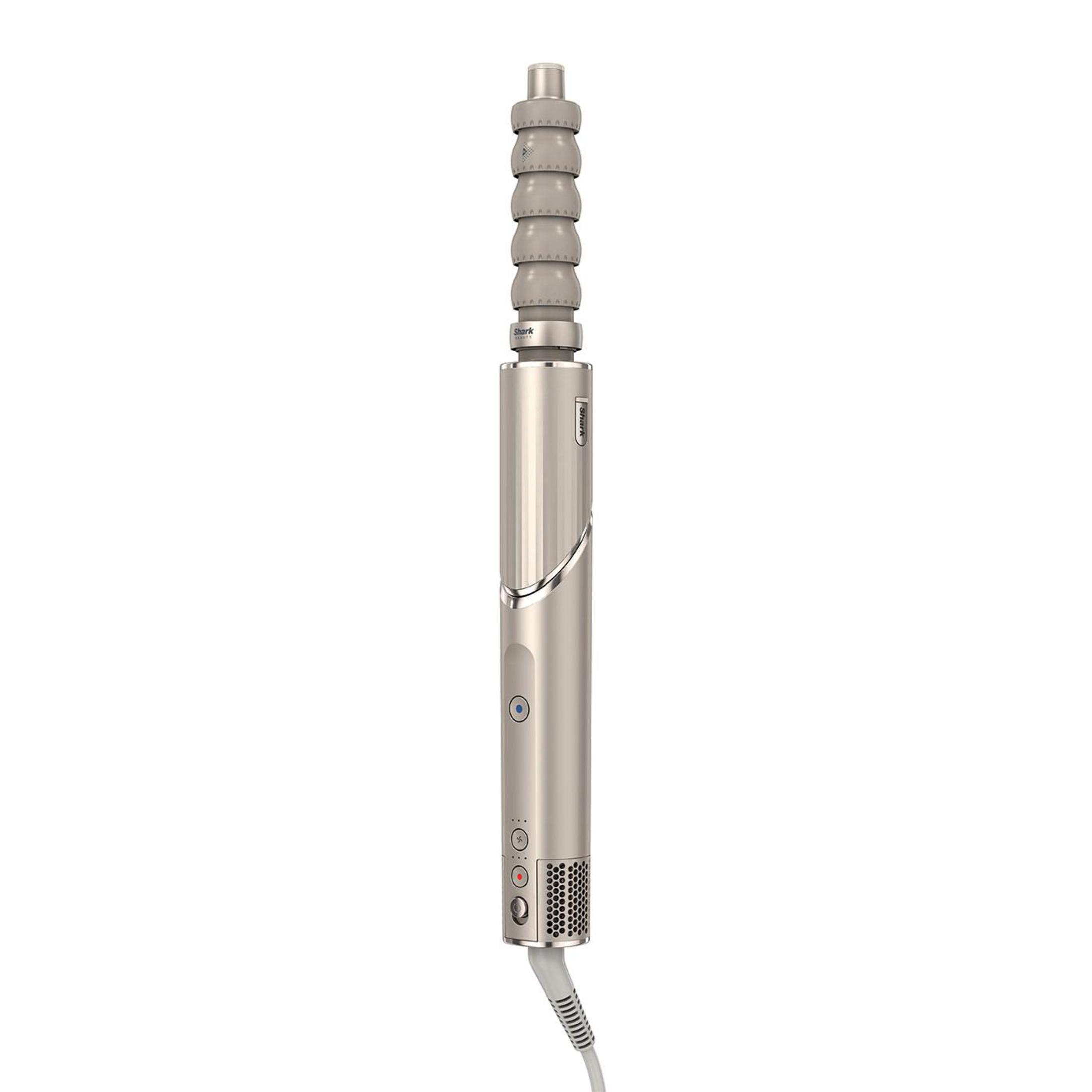 Een metallic haarstylingtool met een lange, cilindrische body en een getextureerde handgreep.