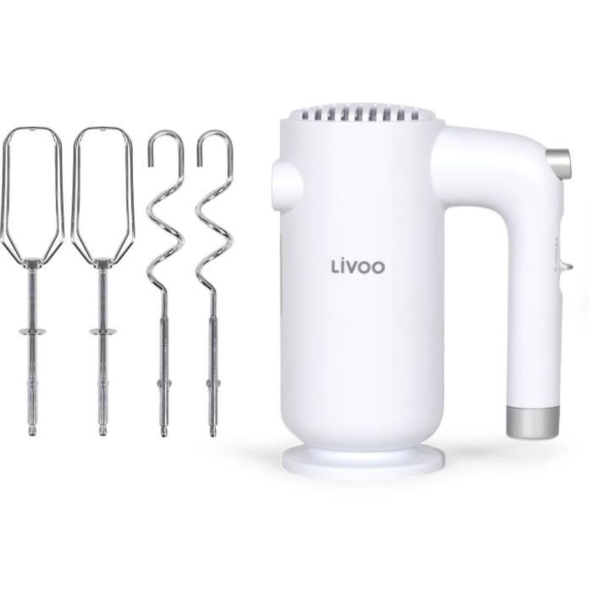 Un frullatore a mano bianco con accessori.
