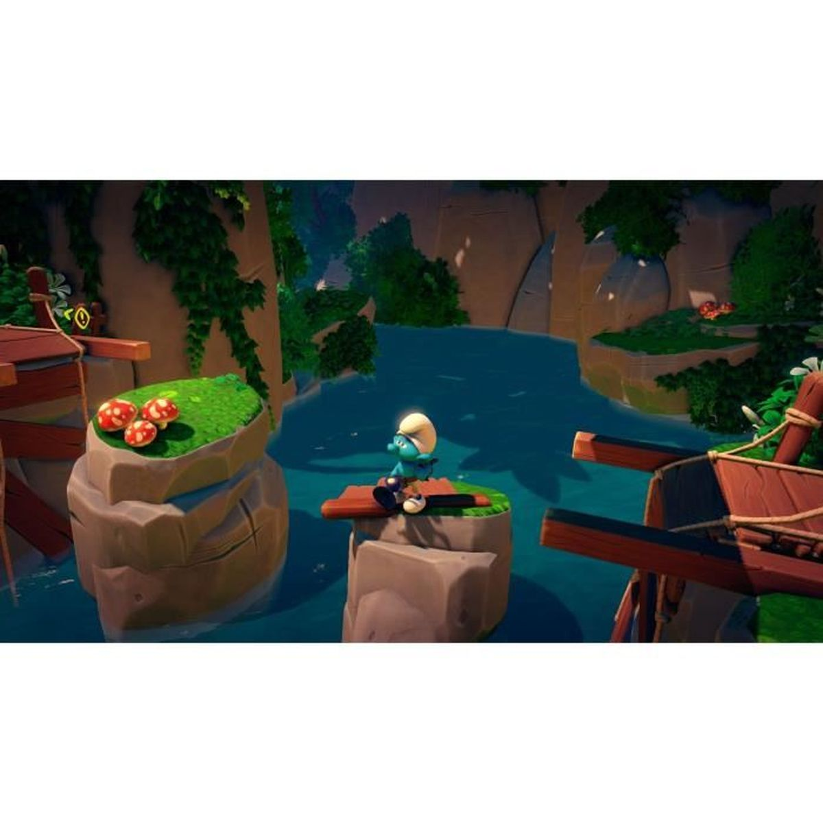 Un personaggio dei Puffi su una roccia in una scena d'acqua blu.