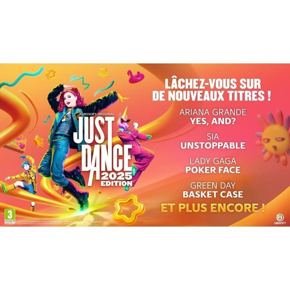 Copertina del gioco Just Dance 2025 con grafica colorata e testo.