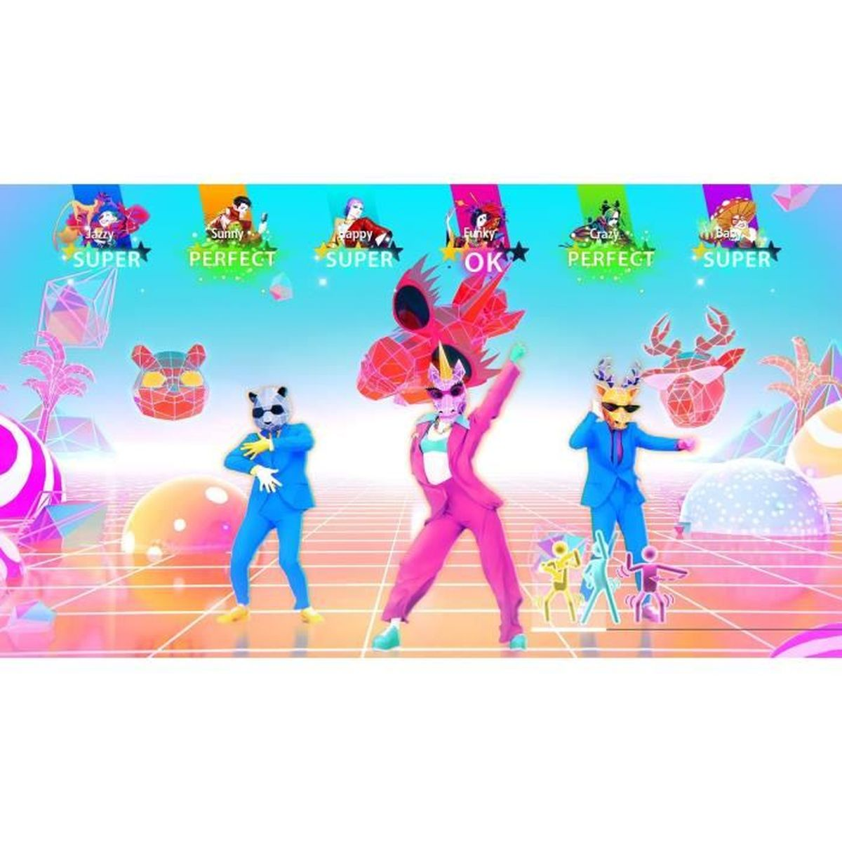 Schermata del gioco Just Dance. Ballerini con maschere di animali, grafica colorata, indicatori di punteggio.