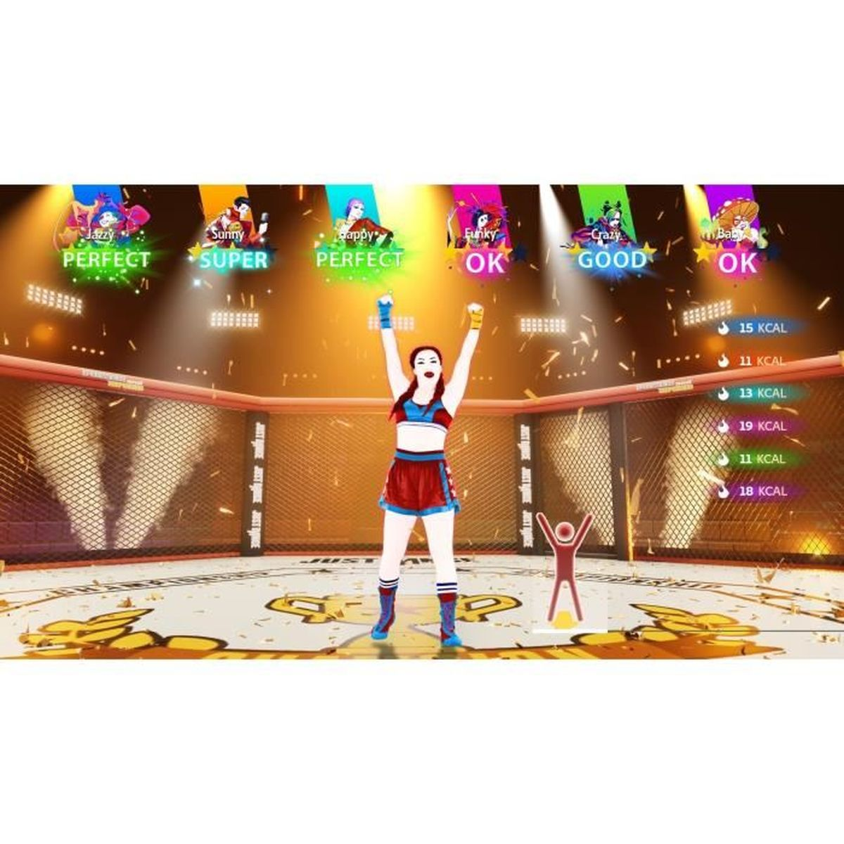 Una figura femminile è su un ring di boxe, le parole "JAZZY PERFECT" sono sopra.
