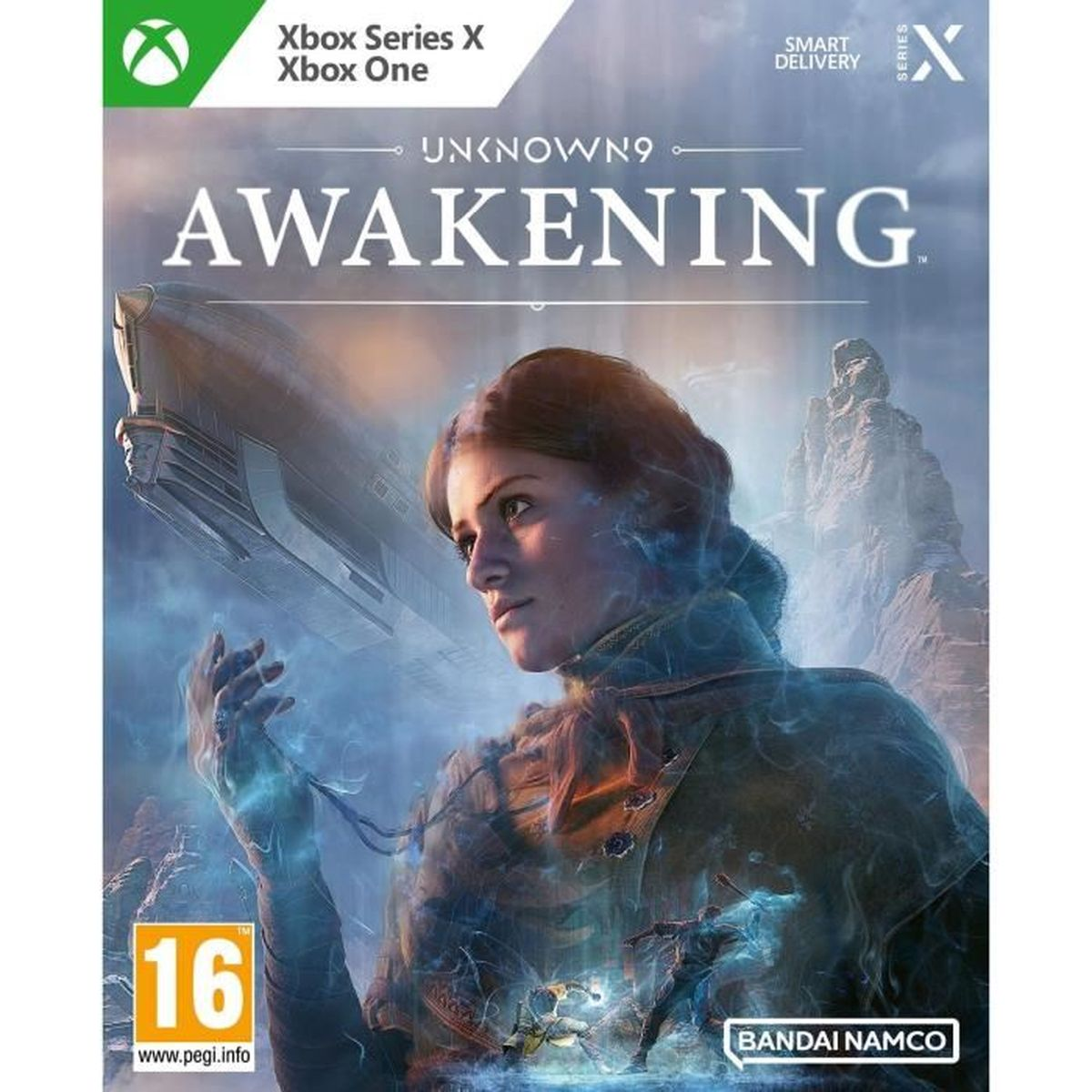 Copertina del gioco con donna, dirigibile e testo 'UNKNOWN9 AWAKENING' su sfondo blu.