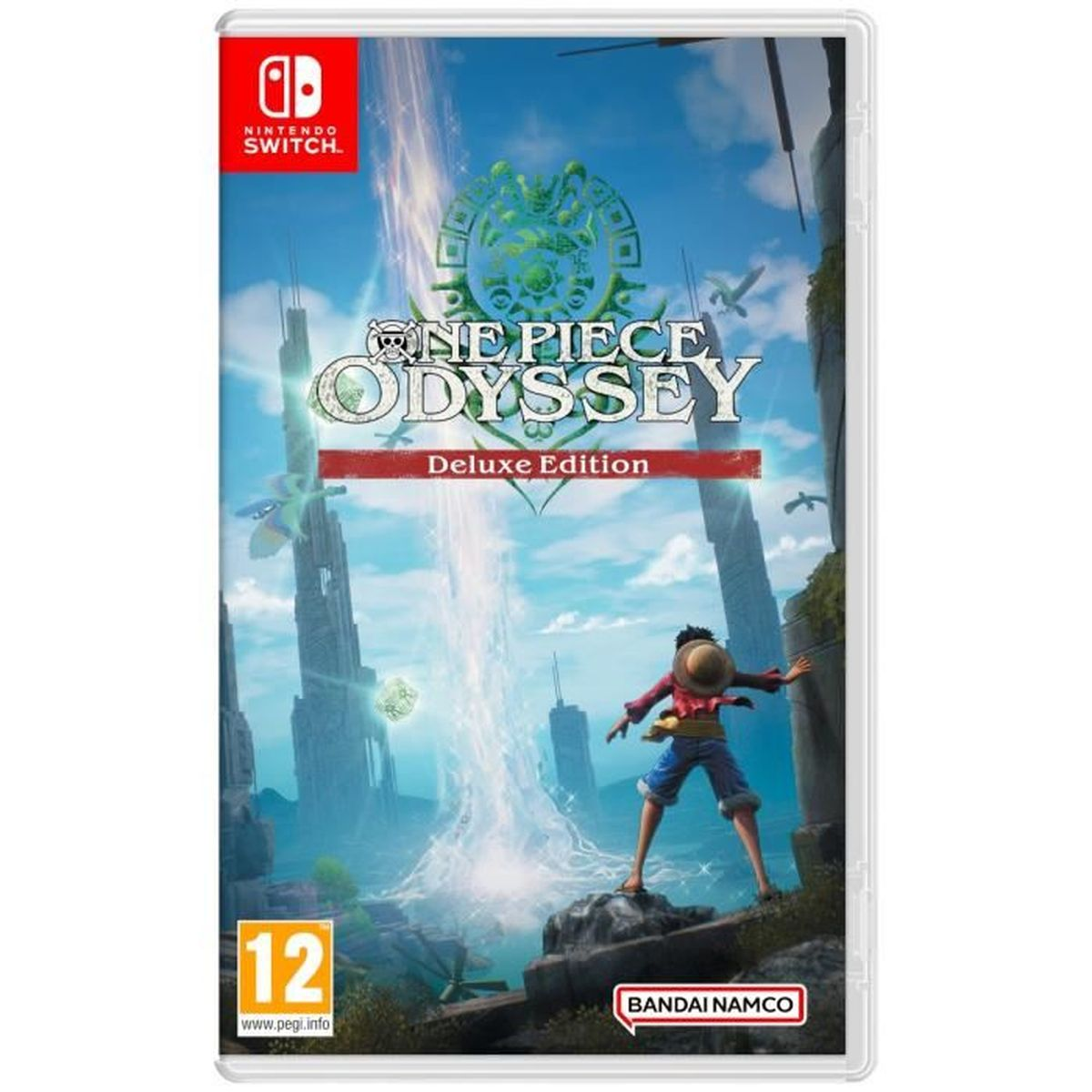 Scatola del gioco Nintendo Switch. One Piece Odyssey Deluxe Edition, un personaggio davanti a una colonna d'acqua.