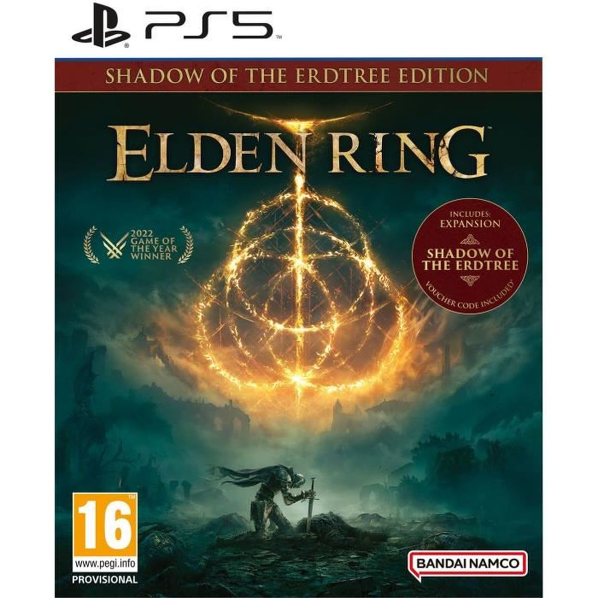Custodia del gioco Elden Ring PS5. La copertina raffigura un guerriero con una spada.