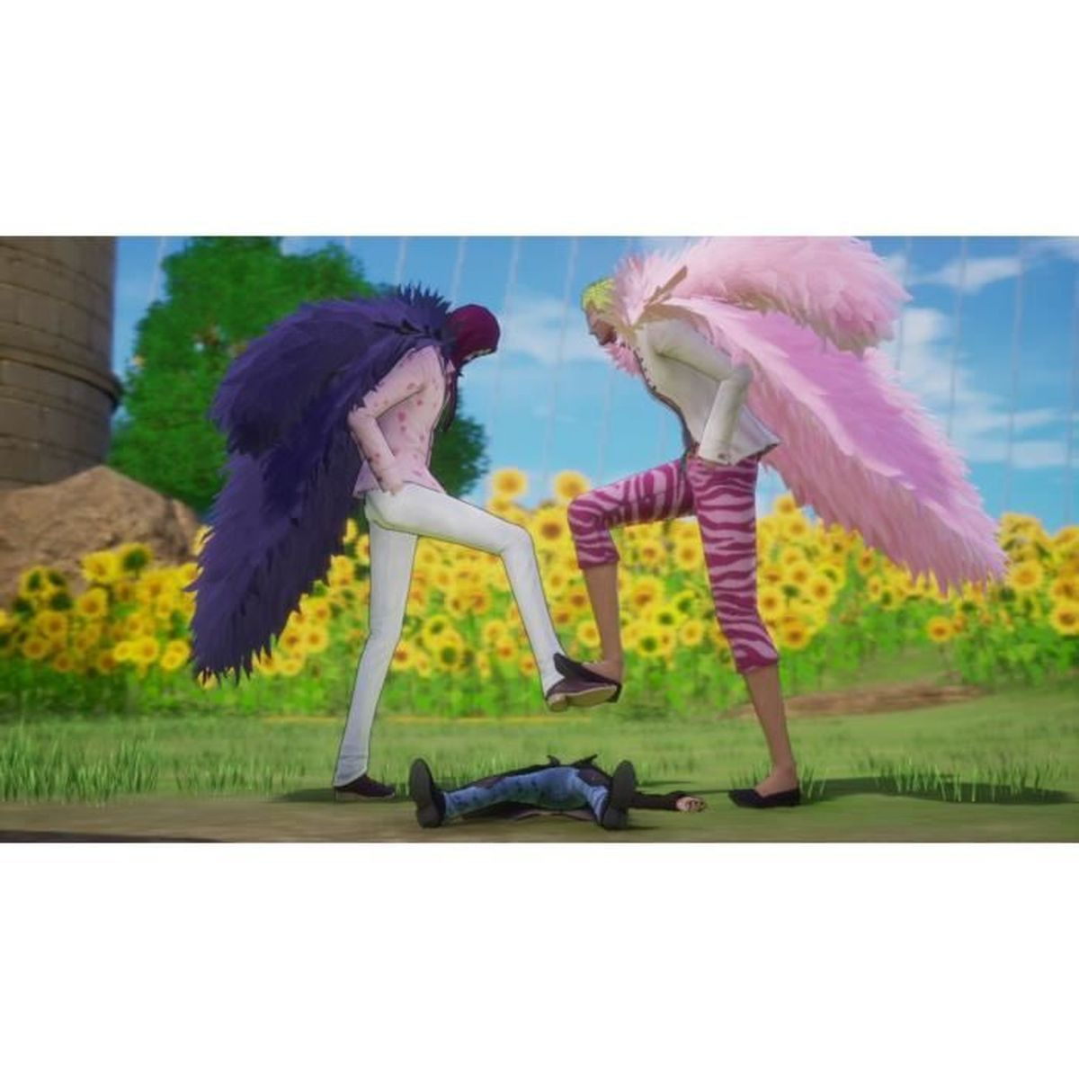 Due personaggi anime in un campo di girasoli, uno che calpesta l'altro.