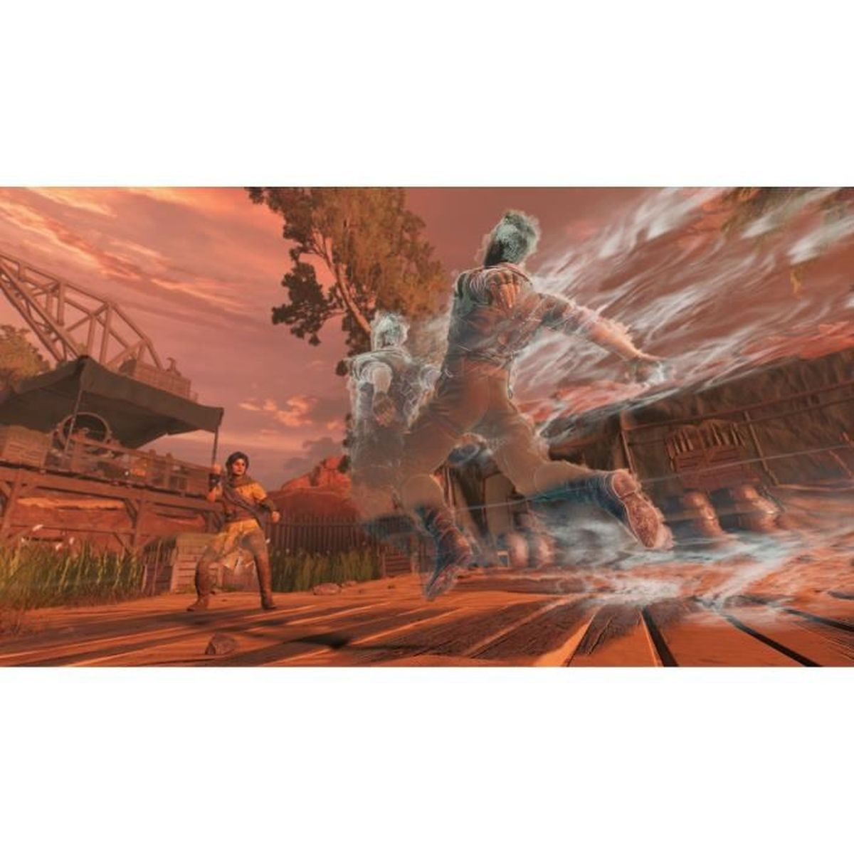 Una scena di videogioco con personaggi in corsa. Lo sfondo mostra un tramonto con edifici.