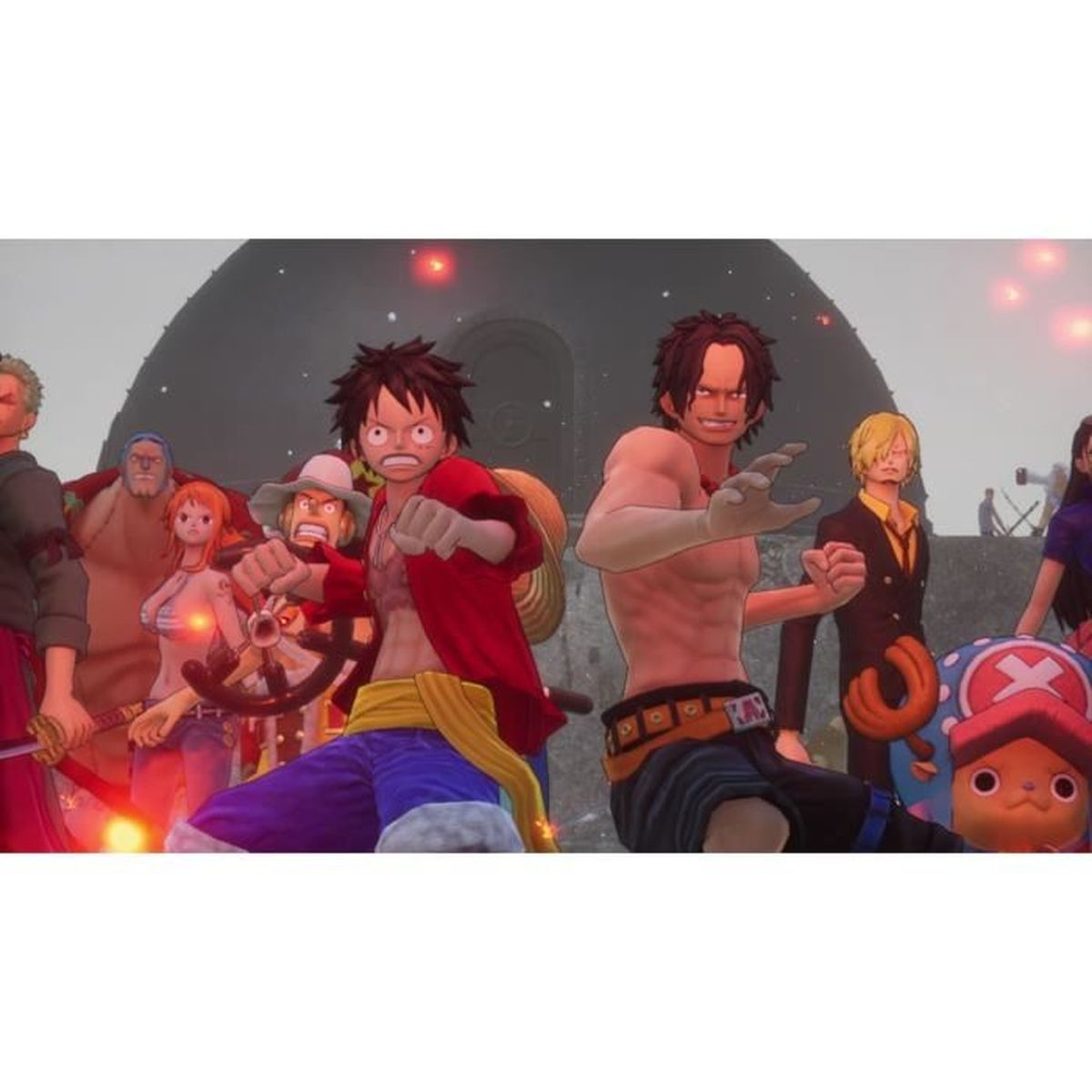 Due personaggi anime in una scena di videogioco, in piedi in gruppo.