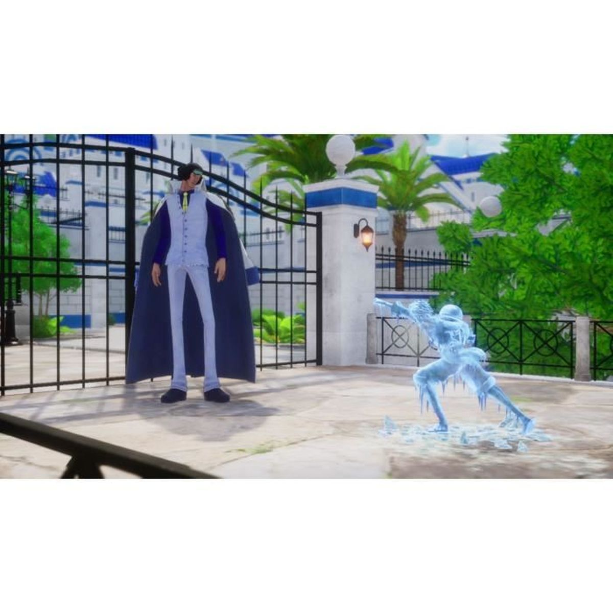 Una scena di videogioco con un personaggio in abito che affronta una figura di ghiaccio.