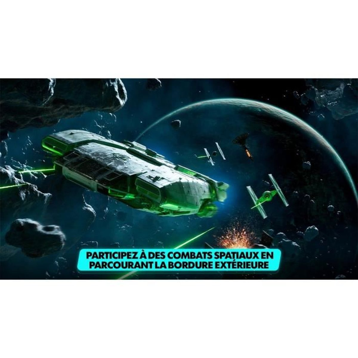 Una scena spaziale con navi e pianeti, con uno striscione di testo in francese.