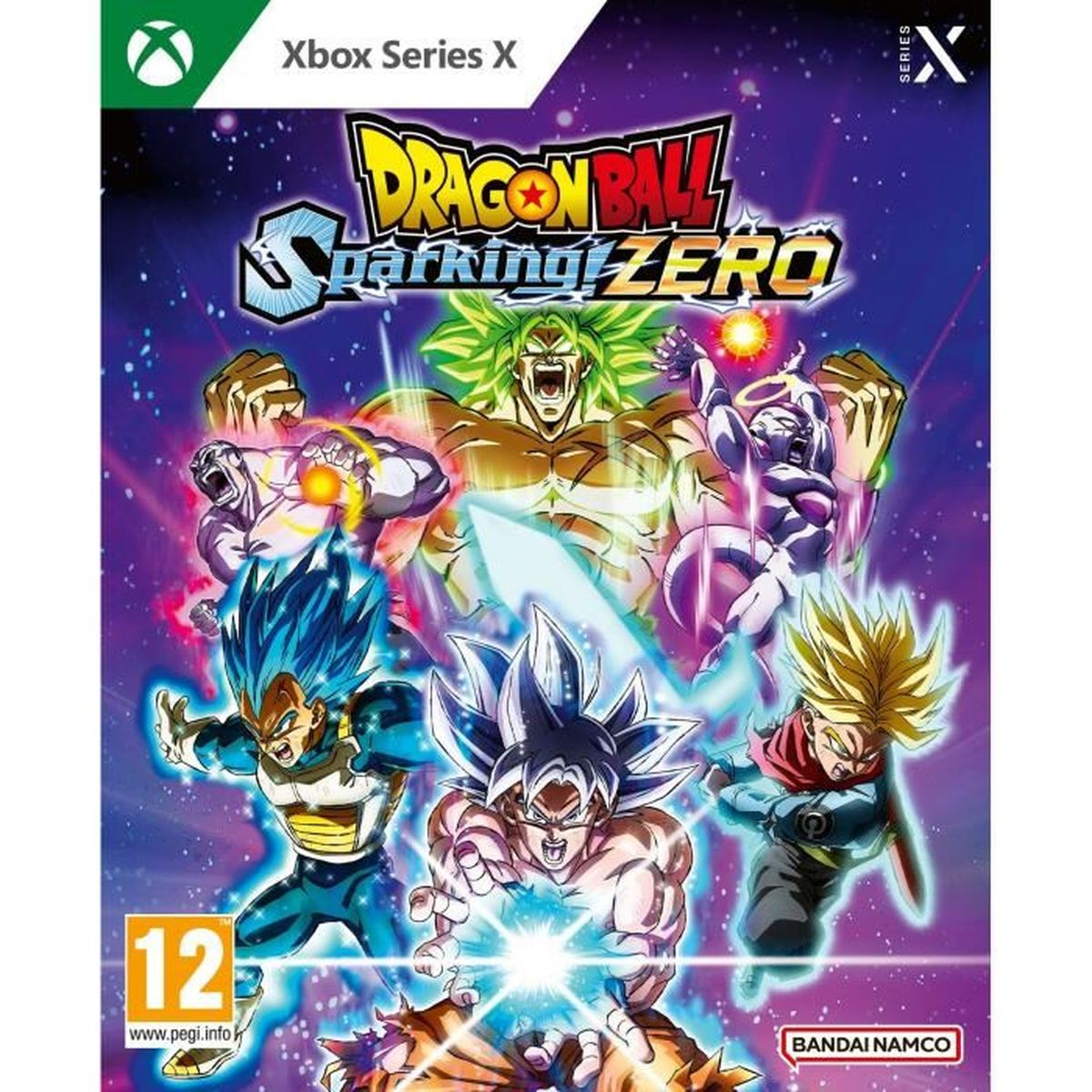 Artwork della scatola del videogioco Dragon Ball. Personaggi e logo in colori vivaci. Logo Xbox Series X.