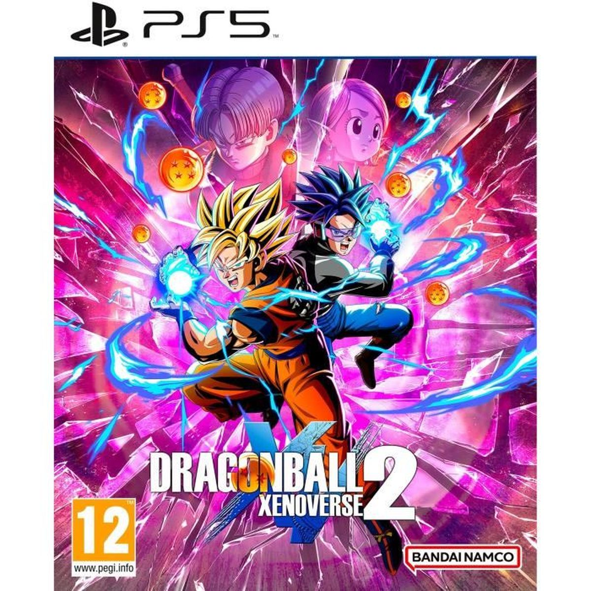 Okładka gry Dragon Ball Z Xenoverse 2. Postacie z efektami energii. Logo PS5 u góry.