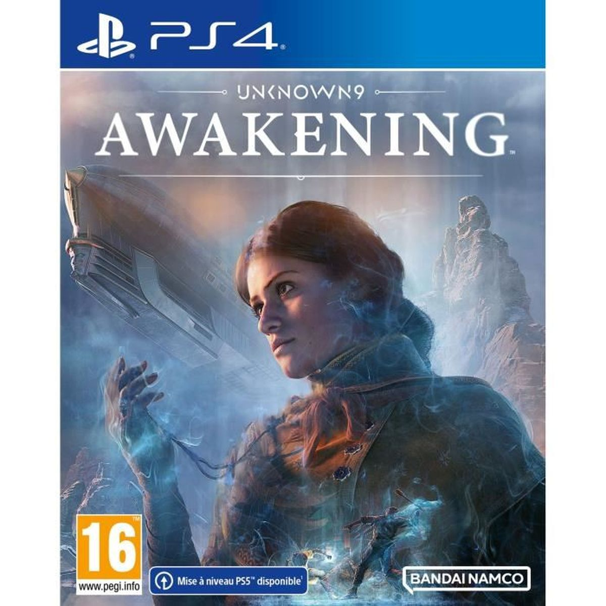 Custodia del gioco con ritratto di donna. Titolo: Unknown9 Awakening. Logo PS4. Sfondo bianco.